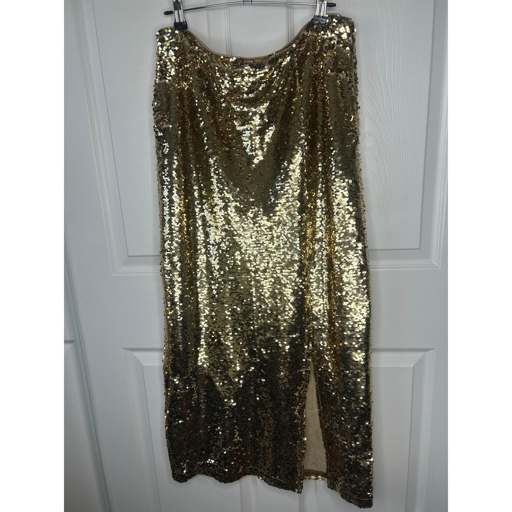GB Skirt Sequin Pencil Midi XL Gold Side Slit Holiday Party